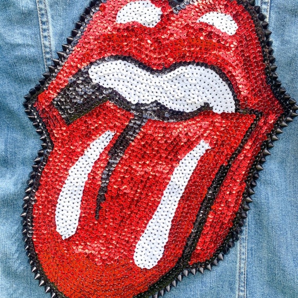 Red Sequin Rock and Roll Rolling Stones Tongue with Black Spikes Jean Jacket - Picture 3 of 4